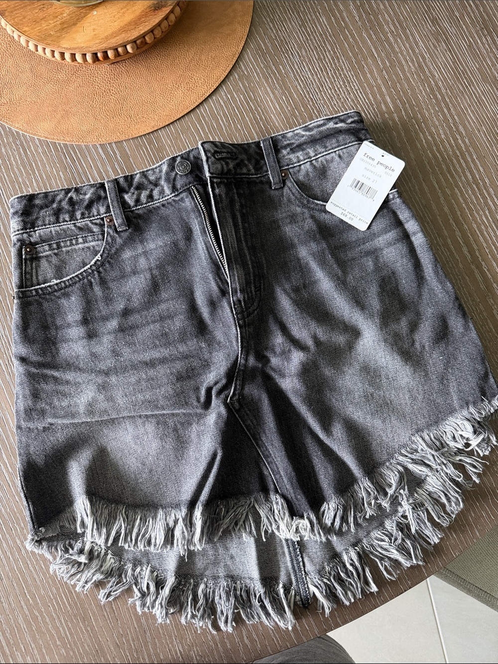 Free People Washed Black Frayed Hem Denim Shorts